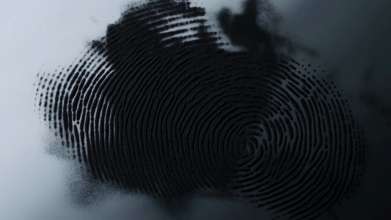 Primo piano di due impronte digitali sovrapposte su un pannello di vetro liscio e chiaro, con sbavature di inchiostro scuro, dettagli delle creste, riflessi tenui e una texture superficiale forense adatta per l'analisi dell'identità.