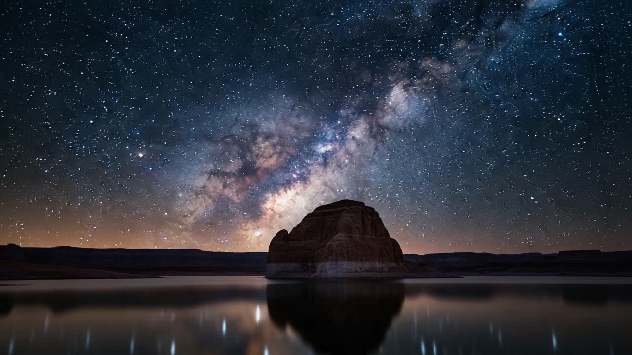 A Breathtaking View of the Milky Way Galaxy Shining Brightly Over a Serene Rock Formation Reflected in Calm Waters, Captivating the Essence of Nature's Beauty