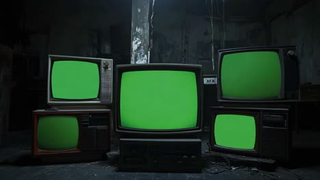 vintage televisions in a dark room with green screens