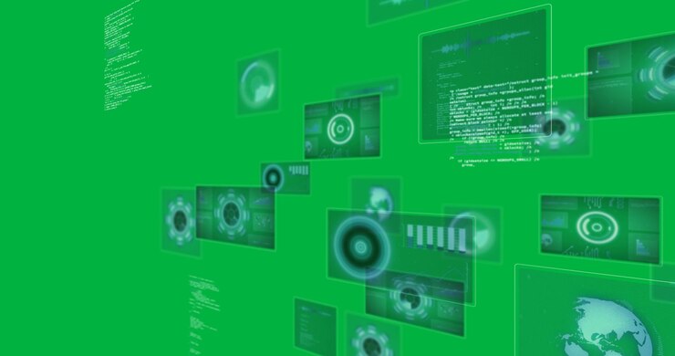 Animation of data processing and scope scanning on screens on black background