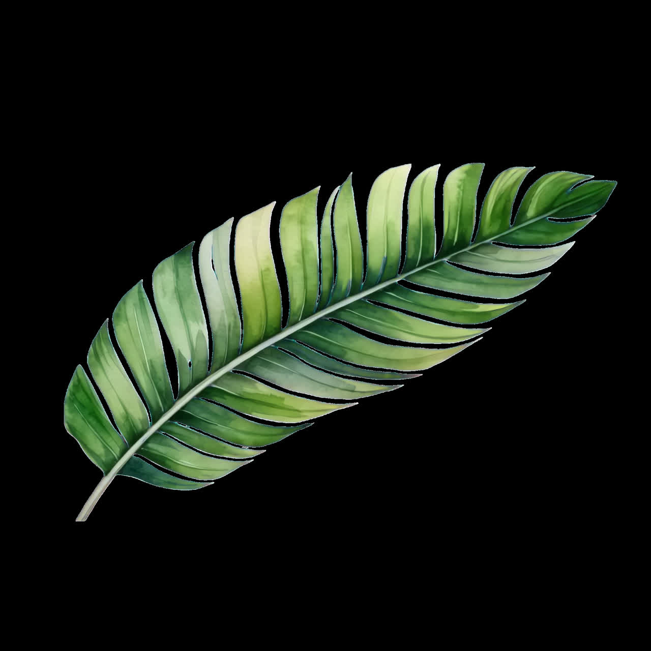 Tropical leaf watercolor art animation isolated asset, transparent 4K video, alpha channel, ProRes