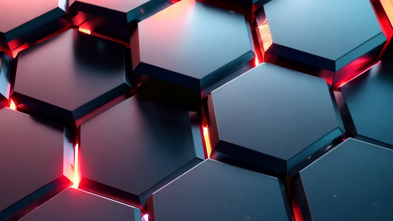 A close up of a black and red hexagon pattern. The red and black colors give the image a bold and striking appearance. The pattern is made up of many small squares, which create a sense of depth