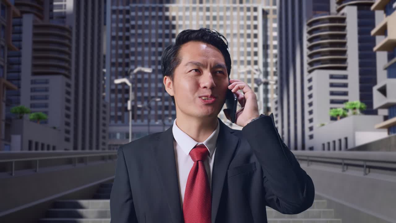도시 에서 휴대 전화 로 이야기 하는 미소 짓는 아시아인 사업가