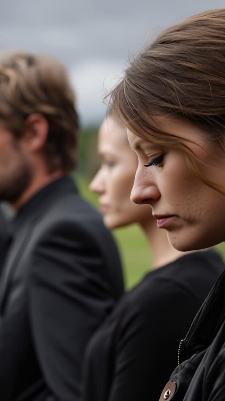 Tre persone stanno solennemente in abiti neri. I loro volti mostrano un quieto dolore o profonda contemplazione. Sono rivolti in avanti, con le teste leggermente chine. La scena evoca lutto o riflessione.