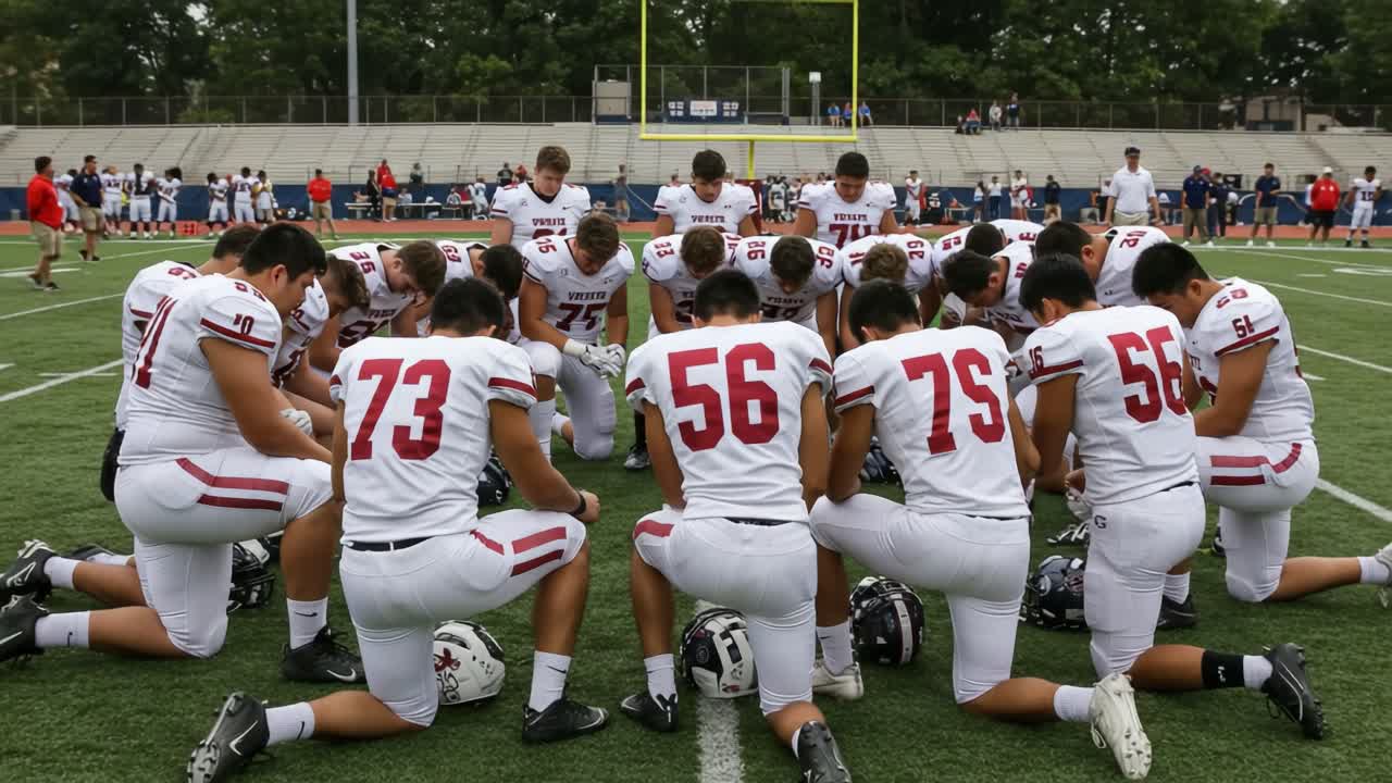 A Group of Football Players Engaged in a Pre-Game Prayer, Demonstrating Unity and Team Spirit on the Field Before the Big Match