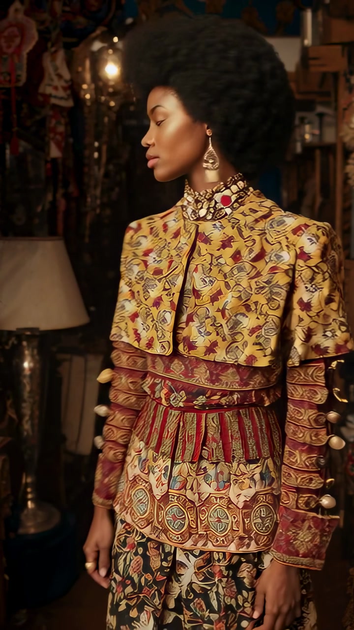 Vertical video: Recording model adjusting gaze turning reaching in atelier to display ornate outfit