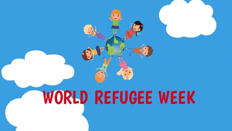 Animation-Des-Textes-Zur-Flüchtlingswoche-über-Verschiedene-Kinder,-Die-Rund-Um-Den-Globus-Stehen