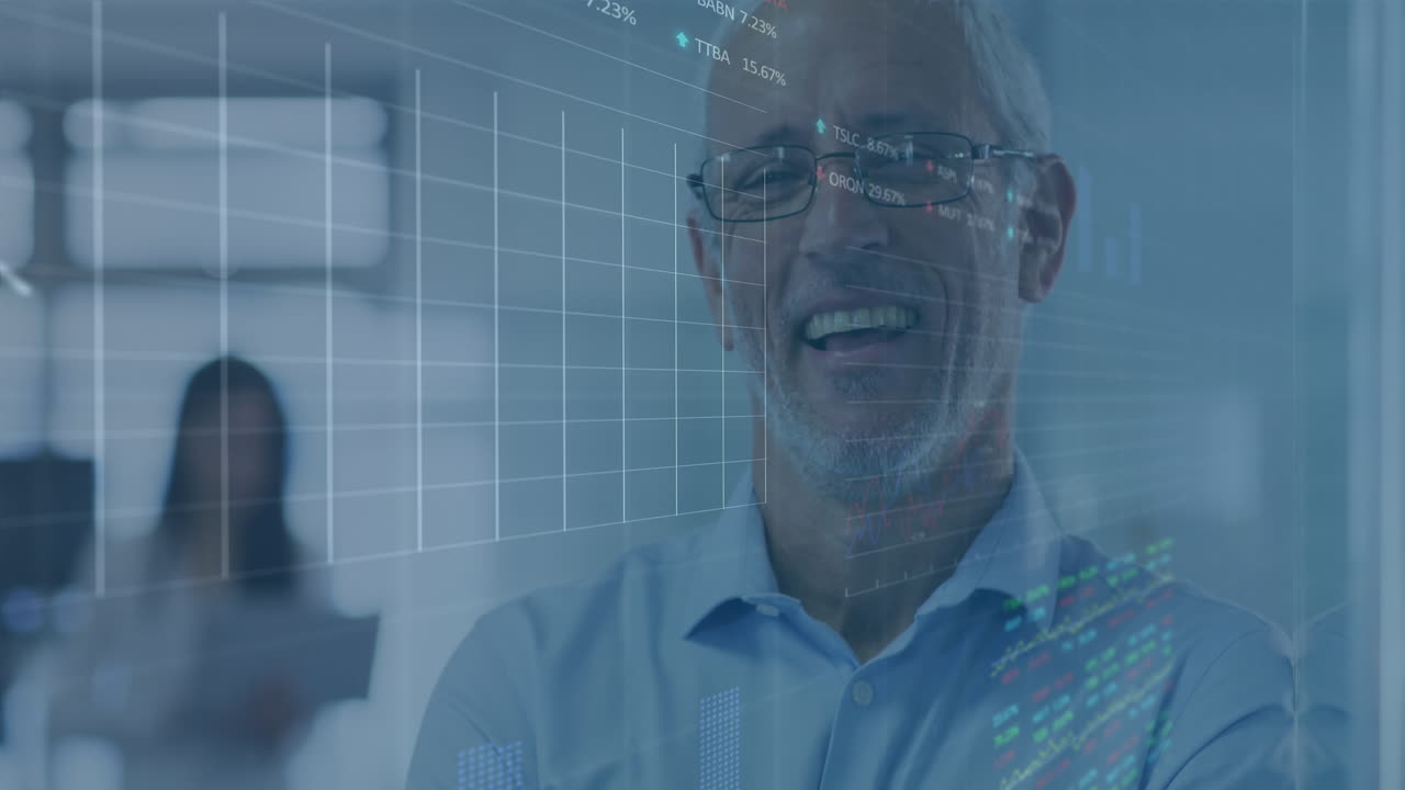 Digital animation viser globale forretningsstatistikker med et mangfoldigt team, der samarbejder