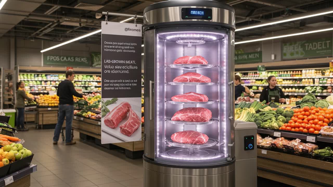 Innovative Display of Lab-Grown Meat Showcased in Upscale Grocery Store, Highlighting Sustainable Options for Modern Consumers