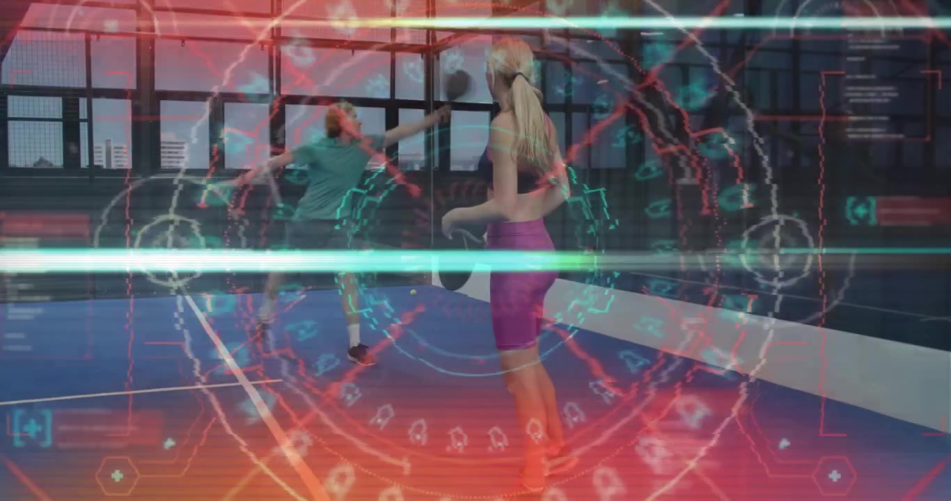 Rooftop fitness partners feeding ball volleying smashing slicing drop shots with digital targets