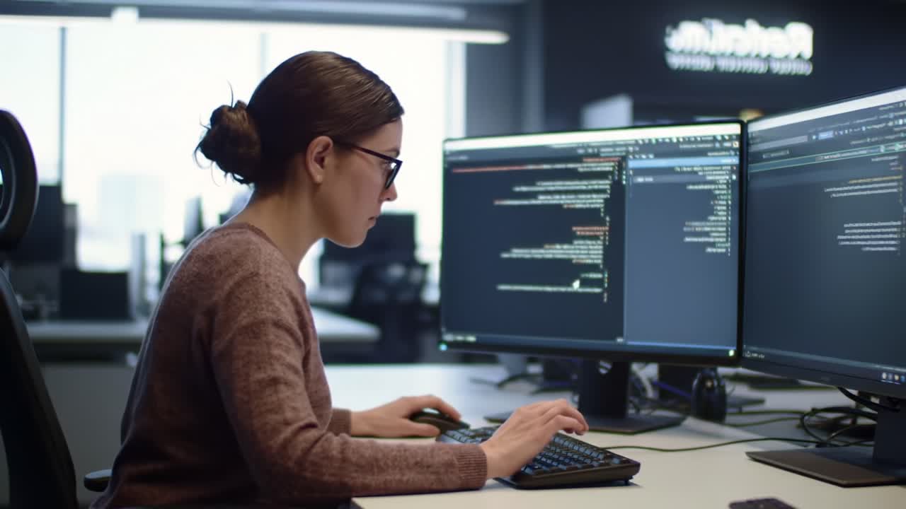 A focused developer immersed in coding on dual monitors, showcasing the intensity and concentration required for software development in a modern office environment