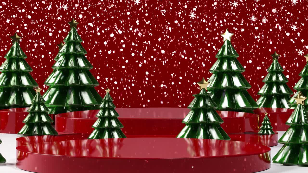 Festive video scene with ceramic Christmas trees on red platforms, captured from a low angle