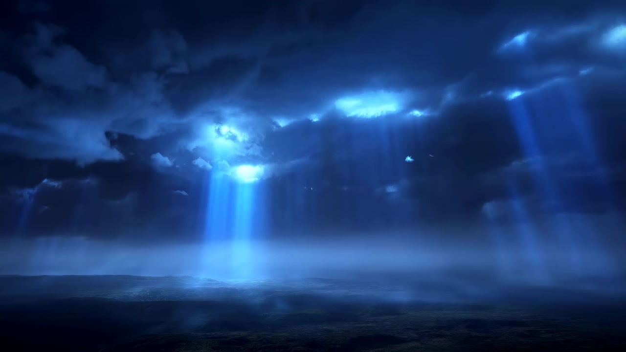 Paisagem marinha melancólica mostra nuvens de tempestade em camadas preenchendo o céu superior enquanto raios de luz branco-azulados descem pela base das nuvens, iluminando a água escura e ondulada e o horizonte distante, com tempestade, nuvem, oceano
