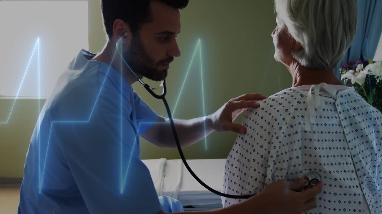 Animation of cardiograph over diverse doctor and senior patient in hospital