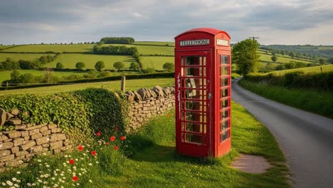A Vibrant Countryside Scene Featuring an Iconic Red Telephone Box Harmoniously Set Against Lush Green Hills and a Serene Roadway Leading into the Distance