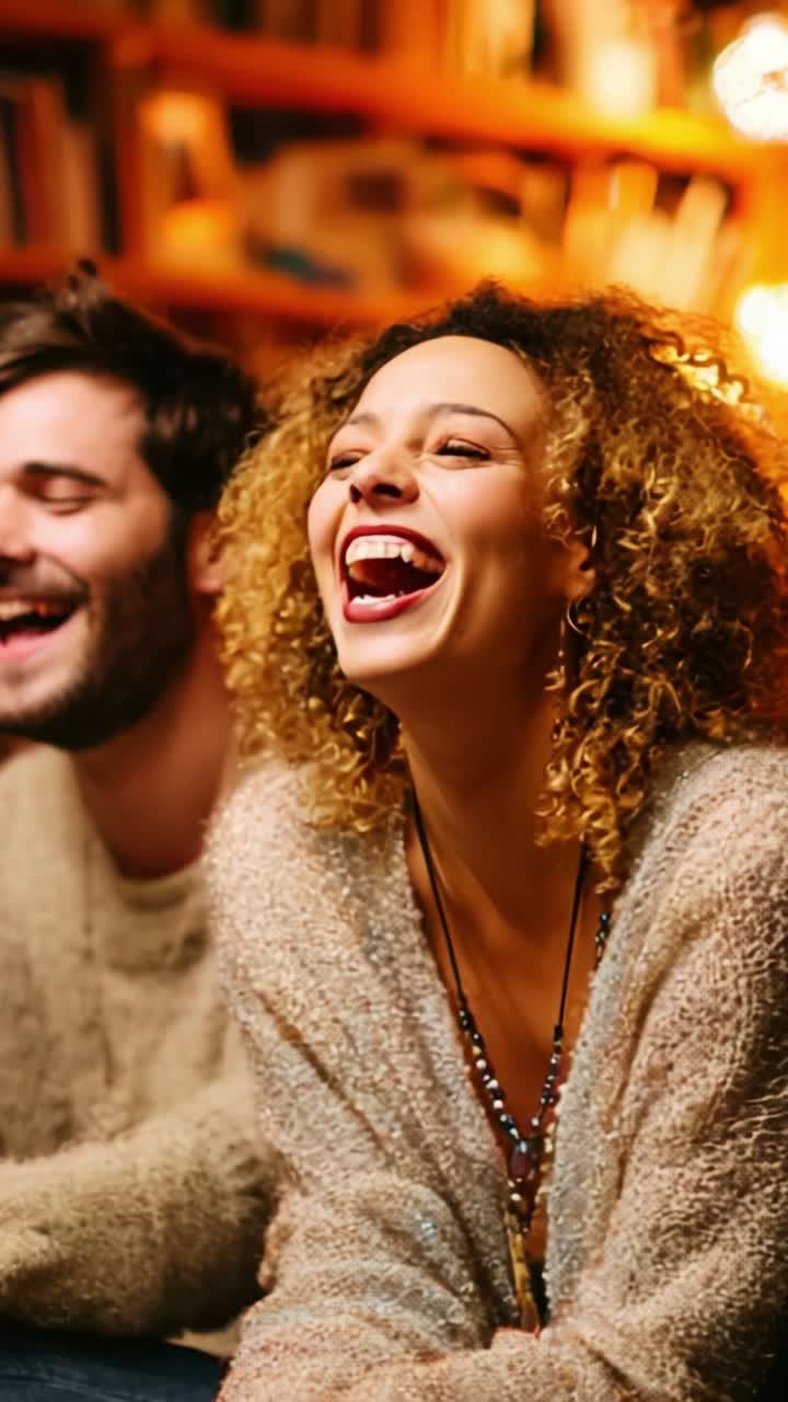 Risate gioiose immortalate in un ambiente accogliente: amici che condividono un momento di felicità e connessione in un'atmosfera calda, piena di luce e sorrisi
