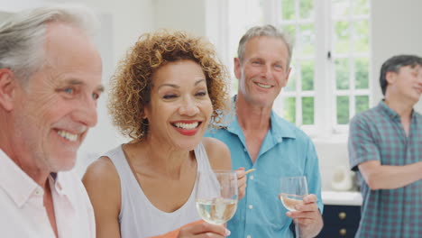 group of multi-cultural senior friends on summer vacation meeting for drinks in holiday apartment