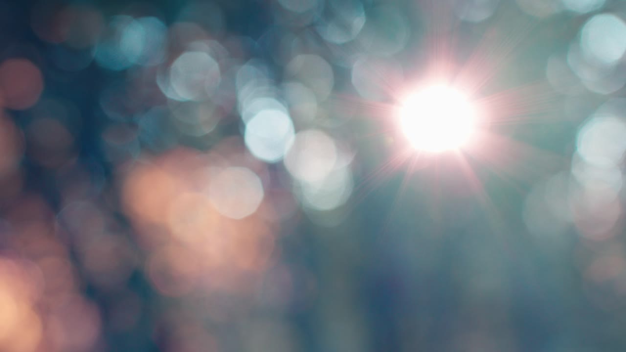 Cerchi bokeh morbidi blu e bianchi risultanti dalla luce solare sfocata della foresta. Sfondo naturale astratto con un'atmosfera fresca e serena, ideale per motion graphics e sovrapposizioni