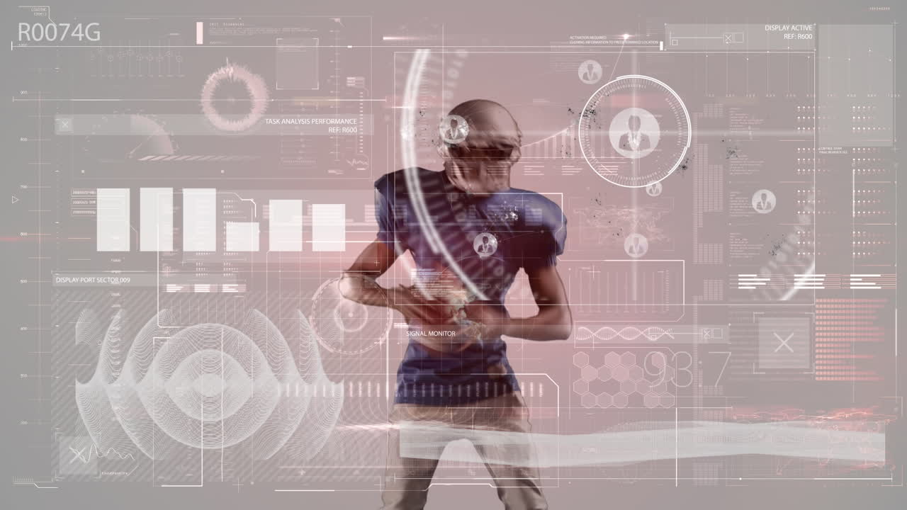 Animation of interface processing data over african american male american football player with ball