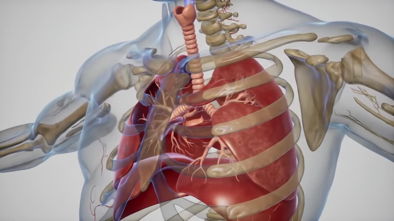 Detailed Anatomical Visualization of the Human Respiratory System Highlighting the Lungs and Surrounding Structures for Educational Purposes