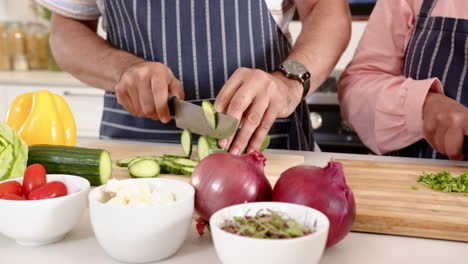 chopping cucumbers and preparing vegetables, senior couple cooking together in kitchen