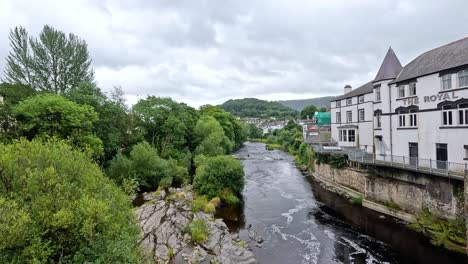 river flowing through lush greenery and buildings