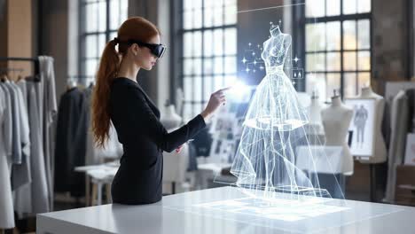 innovative designer manipulating holographic interface, developing virtual clothing design using augmented reality glasses in modern atelier workspace