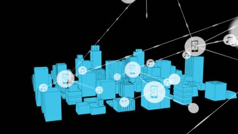 animation of network of connections with icons over 3d city drawing on black background