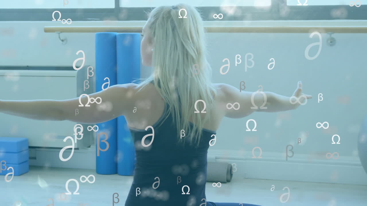 animación de símbolos matemáticos flotando sobre mujer caucásica meditando