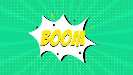 a comic strip cartoon animation, with the word boom appearing. green and halftone background, star shape effect