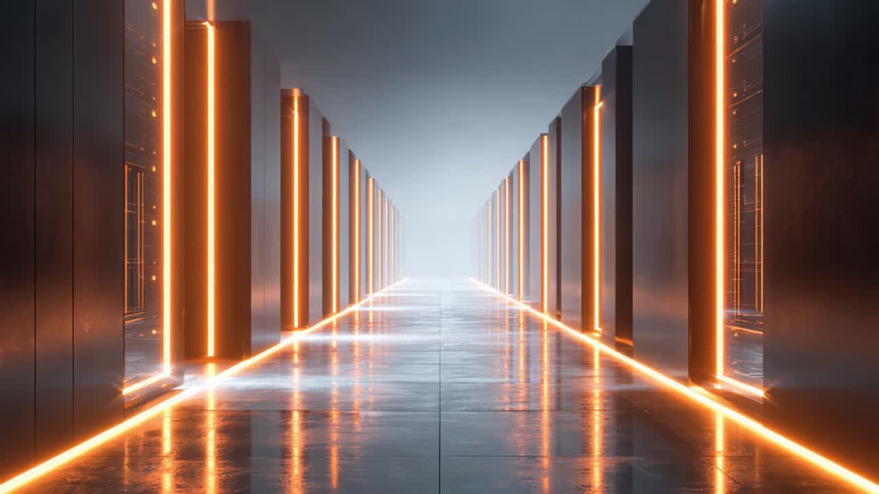 En futuristisk datacenterudsigt med glødende linjer i en oplyst korridor omgivet af højteknologiske serverreoler og en glat reflekterende gulvoverflade