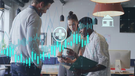 animation of icons, multiple graphs with changing numbers, diverse coworkers sharing ideas in office