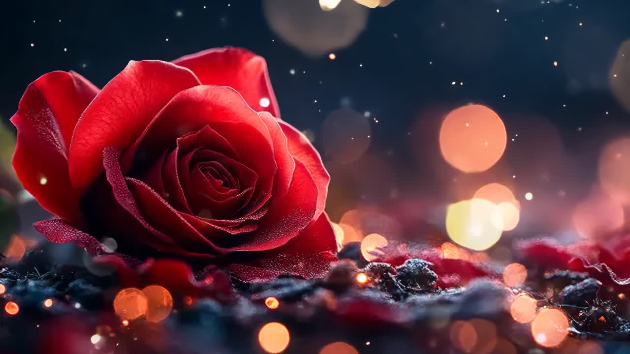 A red rose is the main focus of the image, surrounded by a scattering of red petals. Scene is romantic and serene, as the rose is the center of attention and the petals create a soft
