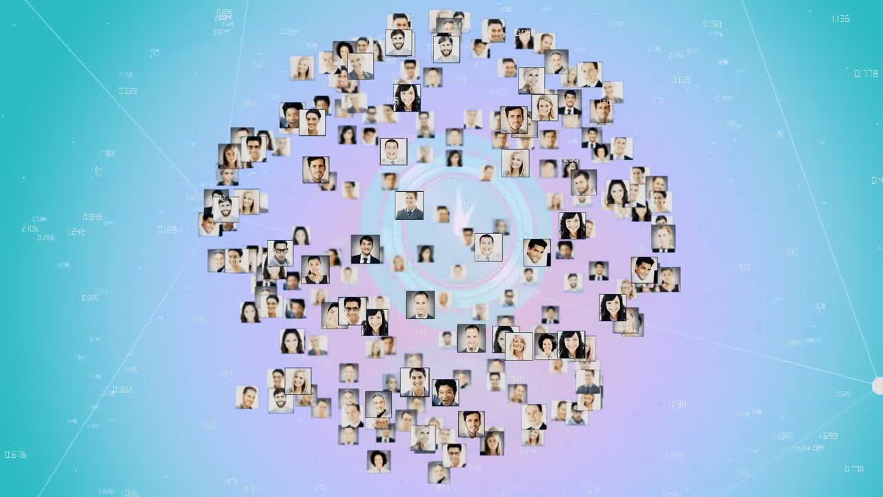 사용자 사진의 애니메이션, 데이터 처리 및 파란색 배경에 움직이는 시계