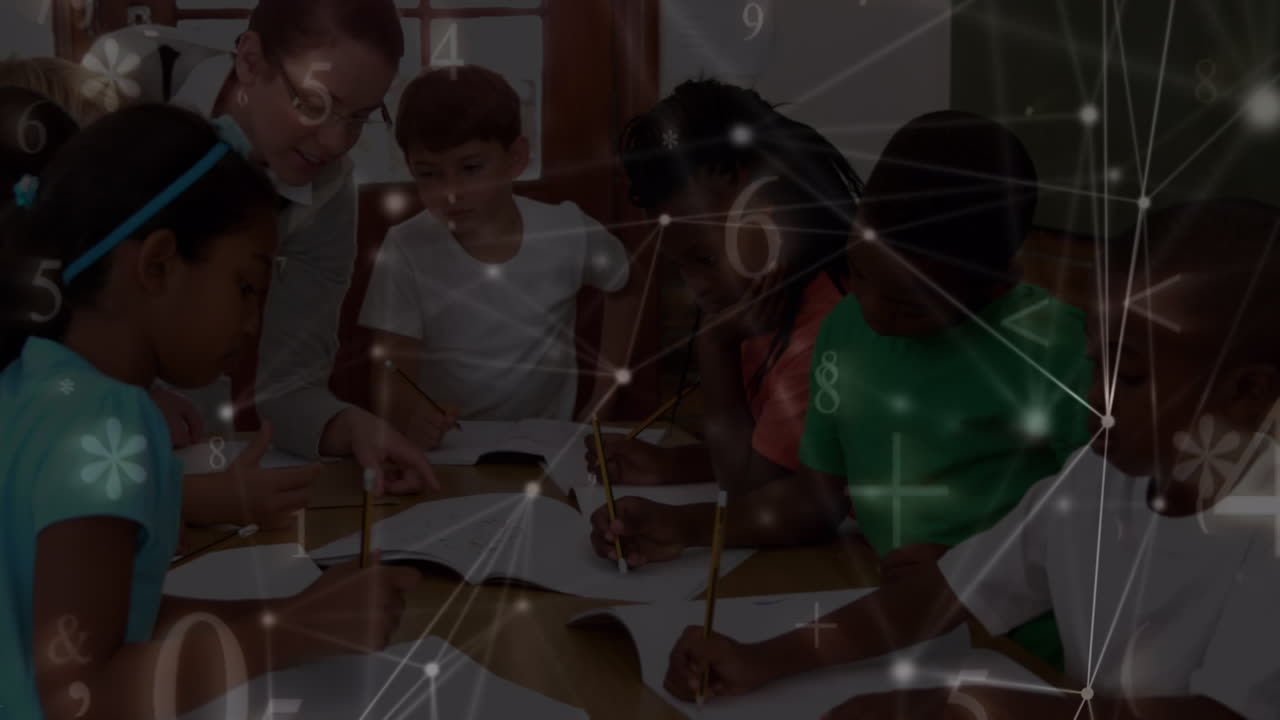 Animation of networks of connections and numbers over diverse schoolchildren and teacher