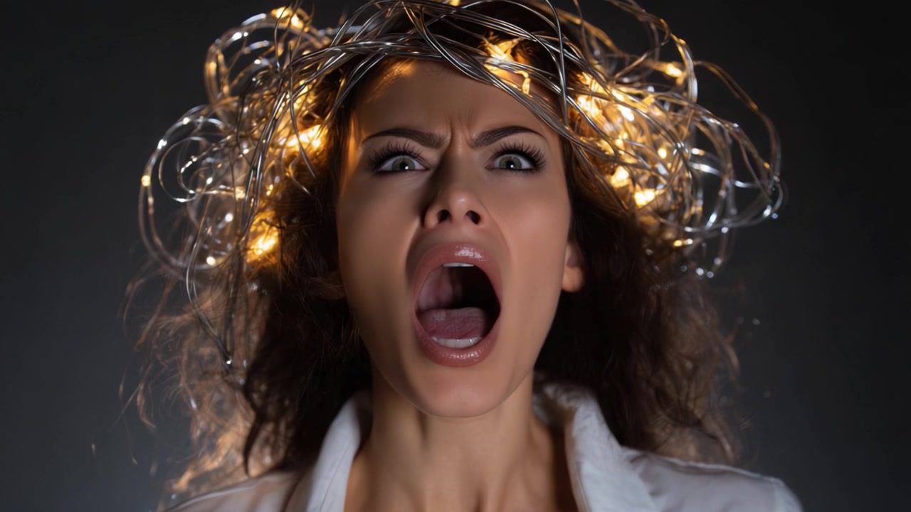 Dramatic Portrait of a Woman Expressing Intense Emotion with Striking Hair Art and Illuminating Accessories Captured in a Stunning Video Frame