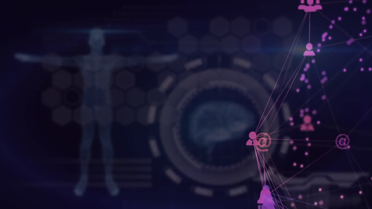 animación de un globo de iconos digitales sobre la interfaz con el procesamiento de datos médicos sobre fondo azul