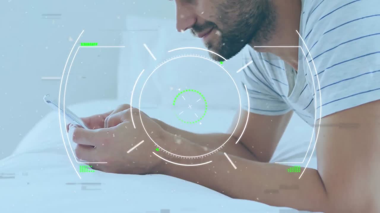 animación del escaneo del alcance sobre el hombre usando un teléfono inteligente