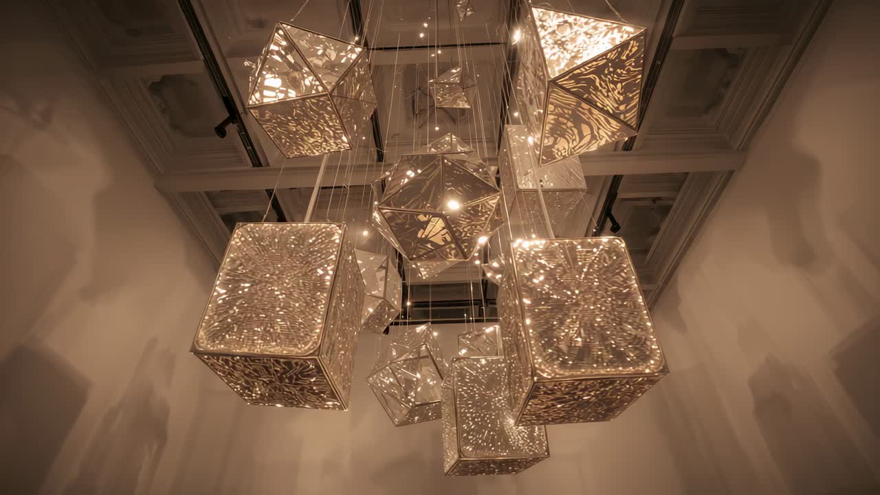 Fixed camera showing illuminated metal cube lanterns on wires in gallery, casting patterned shadows