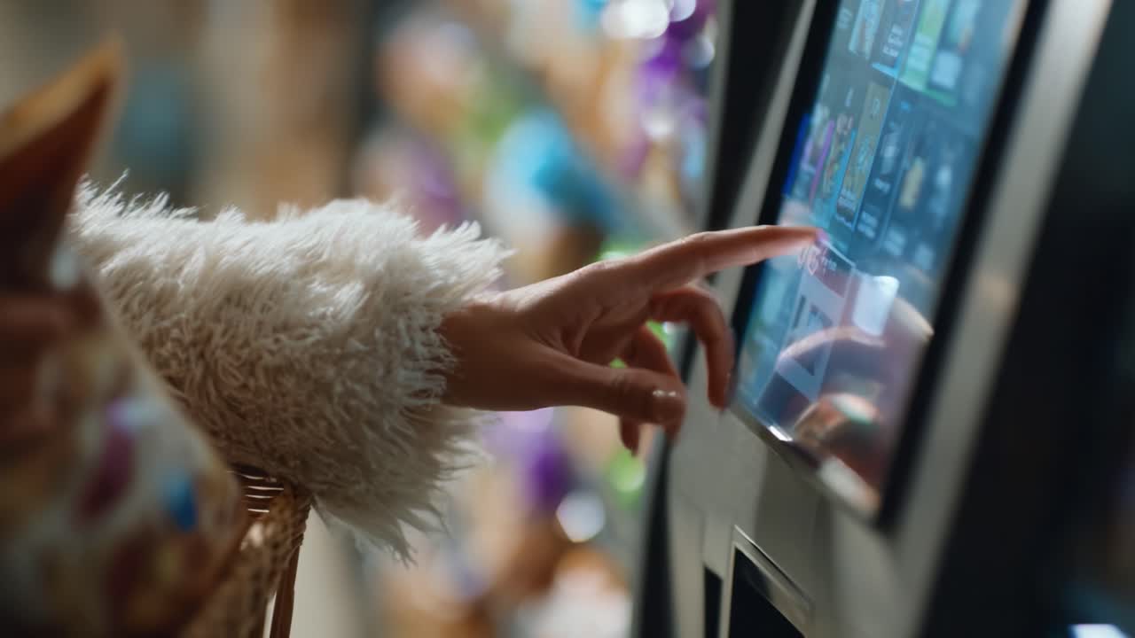 A Person Interacting with a High-Tech Vending Machine Display, Selecting Snacks and Beverages with a Touch Screen for an Instant Refreshment Experience