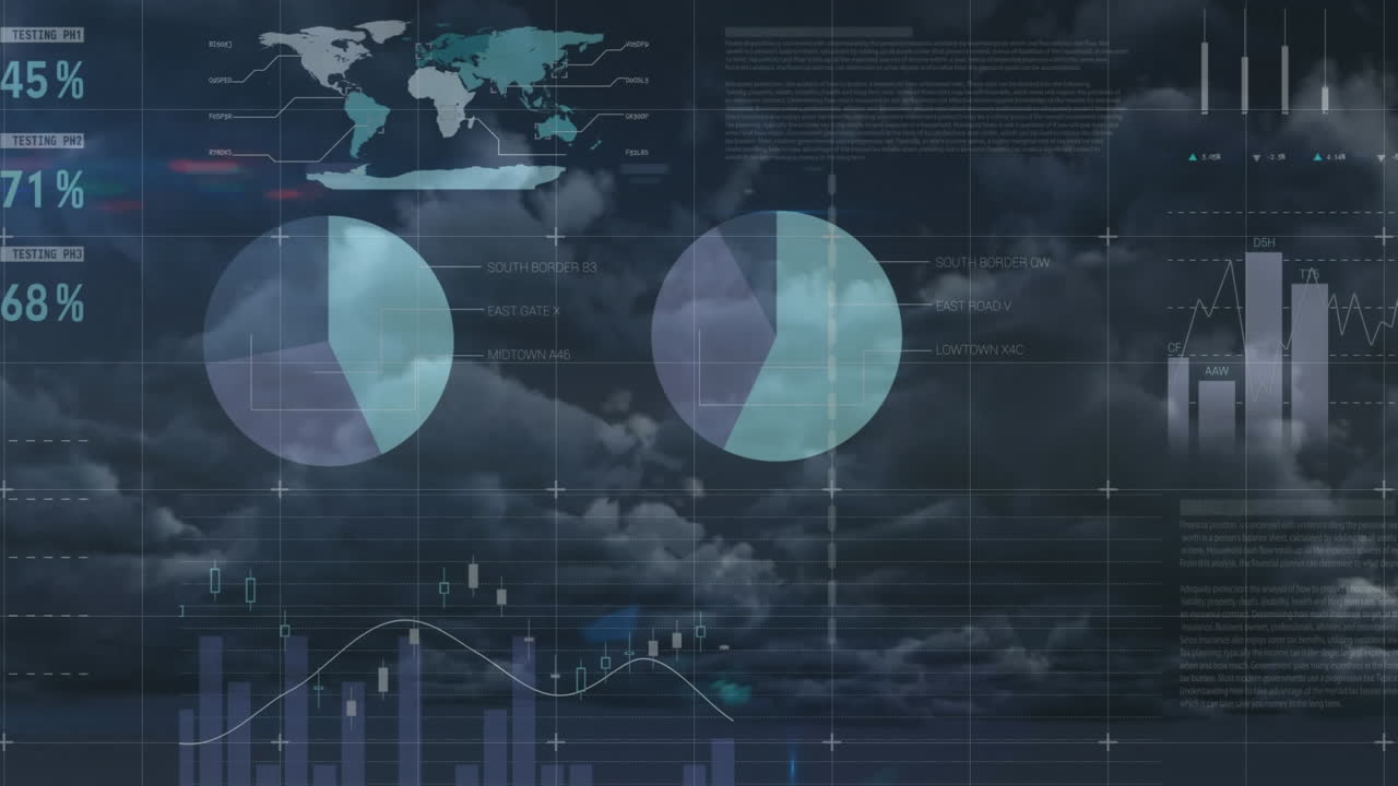 Animation of statistics processing over sky with clouds