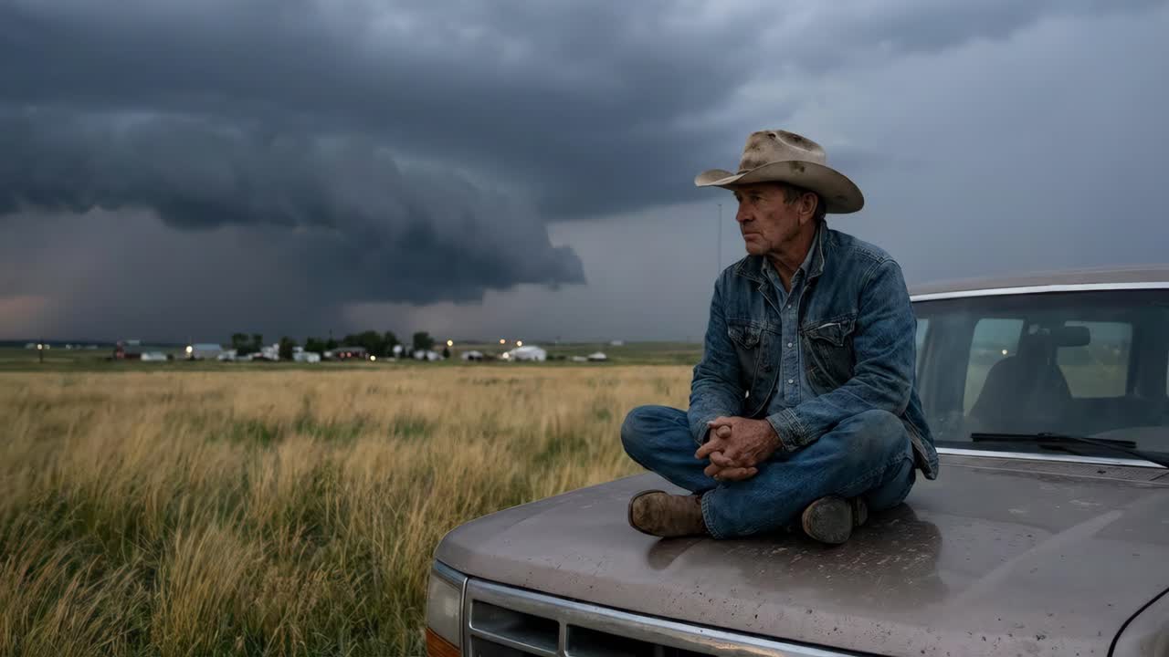 Cowboy seduto sul cofano di un camion durante una tempesta