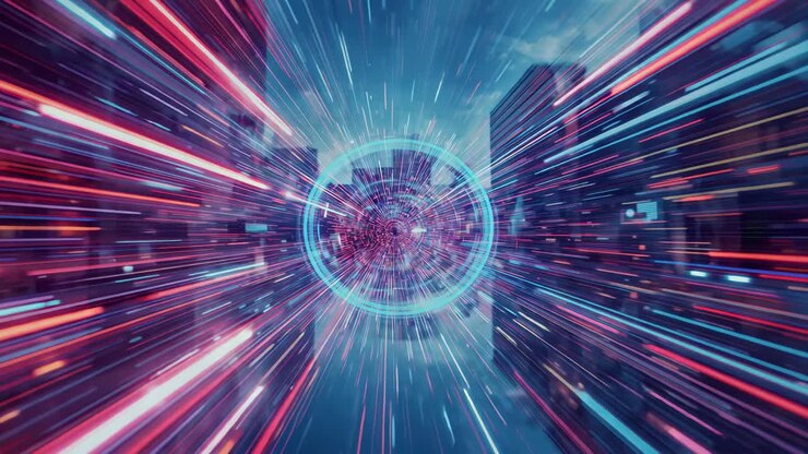 Initializing interface pulsing rotating beams over striped blocks in city, forming cyan red tunnel