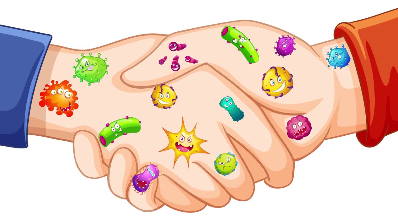 Handshake spreads colorful germs, changing backgrounds
