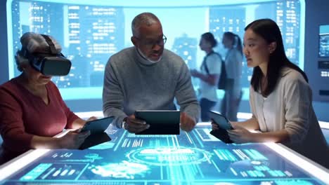 exploring virtual realities: a diverse group engages in high-tech interaction with vr and digital interfaces in a modern futuristic setting