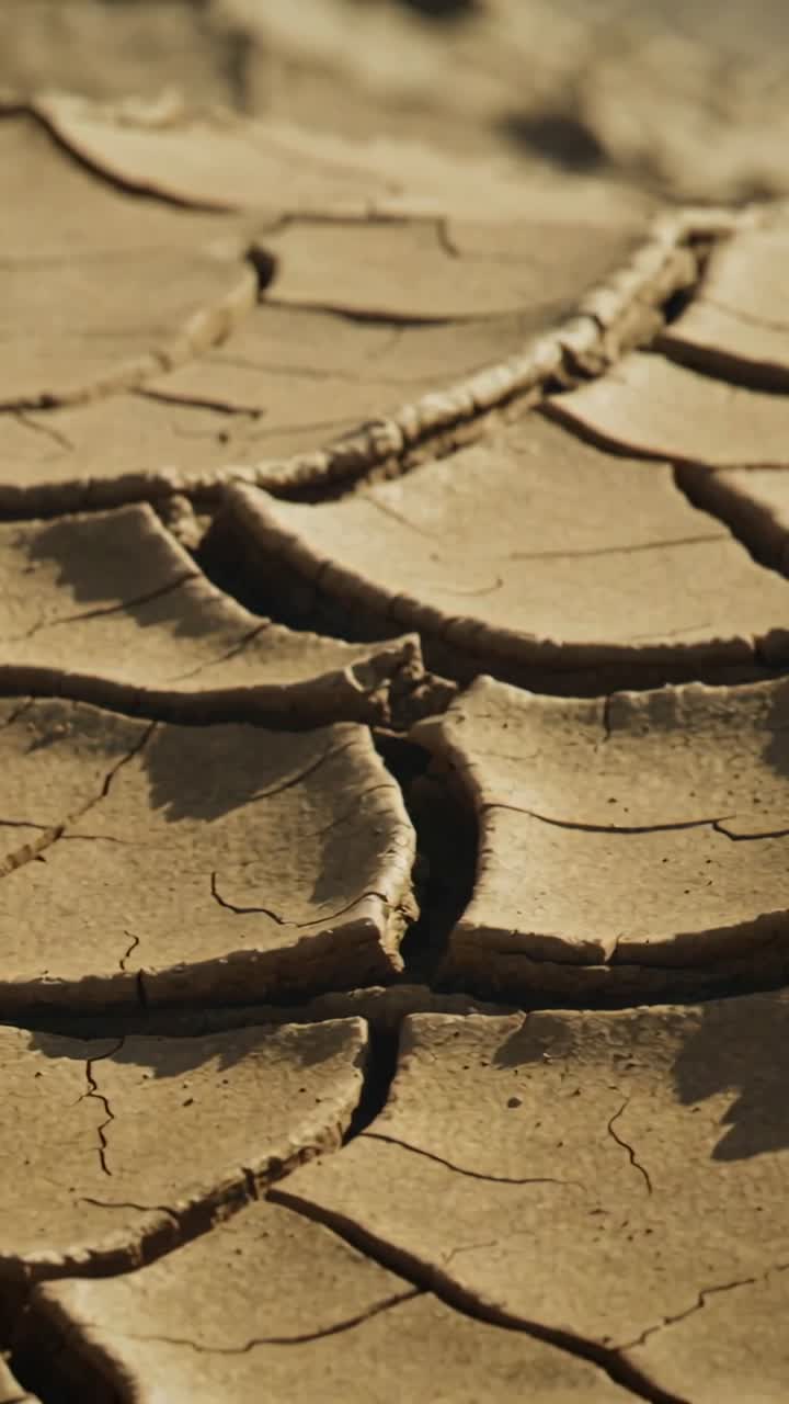 Vertical video: Camera panning down, cracked mud plates revealing deep fissures on sunlit lakebed
