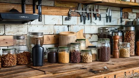 a wooden counter topped with jars filled with different types of coffee beans