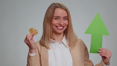 woman show golden bitcoins btc indicating up arrow sign successful exchange rate increase mining