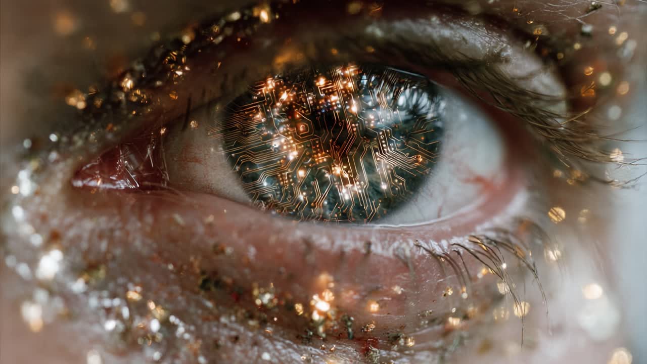 Uno sguardo ravvicinato a un occhio infuso di tecnologia digitale: una fusione di natura e innovazione che mostra circuiti intricati e un riflesso liquido scintillante.