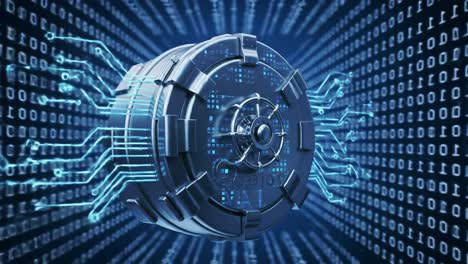 futuristic digital vault surrounded by binary code representing data security and blockchain technology innovations